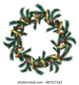 Realistic vector wreath with gold ribbon and red berries on evergreen branches