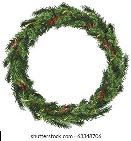 Realistic vector wreath with gold ribbon and red berries on evergreen branches