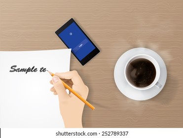 Realistic vector writing hand on table in office. Hot coffee and mobile phone.