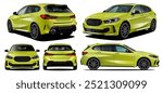 Realistic vector yellow car in front back side and isometric view , isolated in transparent background 