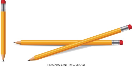 Realistic Vector yellow pencil set isolated on white background,Yellow pencil sharpened. Realistic pencil with a red eraser on white background