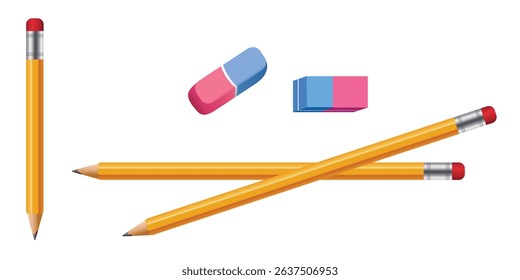 Realistic Vector yellow pencil set with Eraser Rubber isolated on white background,Yellow pencil sharpened. Realistic pencil with a red eraser on white background
