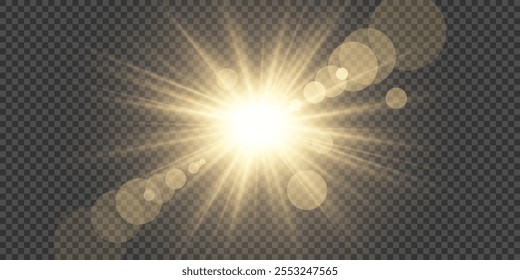 Realistic vector yellow sun rays, golden light with glare isolated on transparent background. Sunshine from star, sunbeam,sun rays, dawn, glare