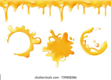 Realistic vector yellow sweet honey blots and splash set, dripping honey syrup drips seamless. Vector design or desserts or cafeteria and patisserie cakes and cookies.