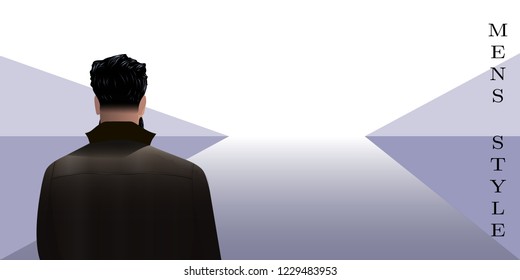 Realistic vector young bearded man in leather jacket, rear view. Text “Men’s style”. Abstract background with copy space.