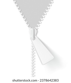 Realistic vector zipper mockup open transparent background. Vector illustration isolated on white background. Easy to use for presentation your product, idea, design. EPS10.