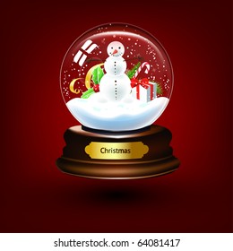 Realistic vector-illustration of an empty snow-dome against a red background - customize by inserting your own object. With gift, snowman, sweet and ribbon.