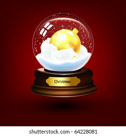 Realistic vector-illustration of an empty snow-dome against a red background - customize by inserting your own object. With golden ball.