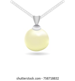 Realistic vectorpearl, pendant with a silver chain isolated on white background