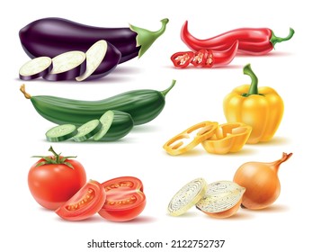 Realistic vegetables. 3D agriculture food. Fresh farm products. Whole or sliced eggplant. Onion and pepper. Organic harvest. Tomato and cucumber. Vector vegetarian meal