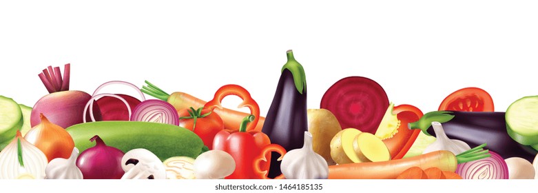 Realistic vegetables border composition with images of mixed ripe whole fruits and slices on blank background vector illustration