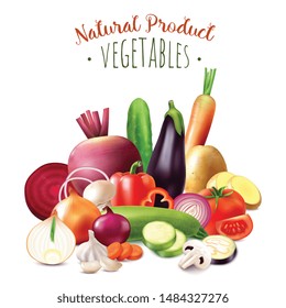 Realistic vegetables composition on white background with ornate text and images of fresh organic harvest fruits vector illustration