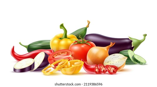 Realistic vegetables composition. Plant origin ingredients. Raw fresh products. Organic tomatoes and onions. Vegan food. Whole or sliced eggplants. Cucumbers and peppers