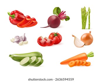 Realistic vegetables food. 3d vegetable set, onion pepper asparagus salad slice ingredients vegan bio natural diet nutrition grocery agriculture harvest, exact vector illustration original artwork