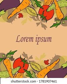 Plantilla de marco de verduras realistas para el menú, etiquetas de precios, tiendas, mercados, banner, afiche. zanahoria fresca, berenjena, tomate, pepino estilo doodle. Concepto de alimentos saludables. dieta vegetal. 