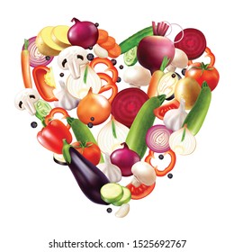 Realistic vegetables heart composition with heart shaped mix of vegetable slices and whole fruits with berries vector illustration