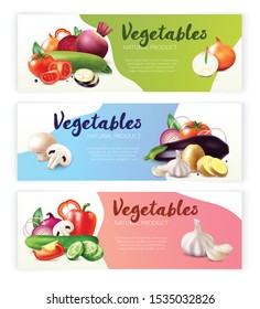 Realistic vegetables horizontal banners collection with three compositions of ripe fruits and slices with editable text vector illustration