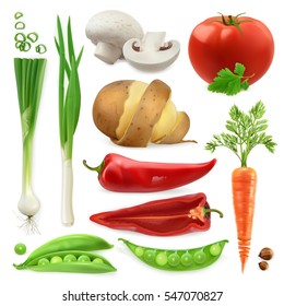 Realistic vegetables. Potato, tomato, green onions, peppers, carrot and pea pod. Isolated 3d vector icon set