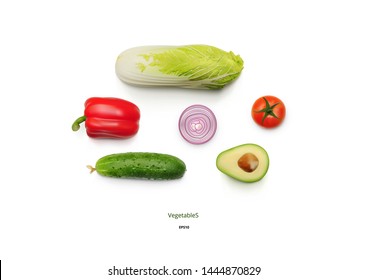 Realistic Vegetables Set Of Avocado, Onion, Tomato, Pepper And Chinese Cabbage. EPS10 Vector