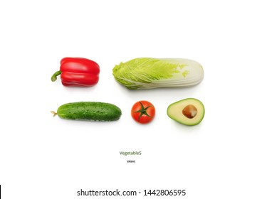 Realistic Vegetables Set Of Avocado, Tomato, Pepper And Chinese Cabbage. EPS10 Vector