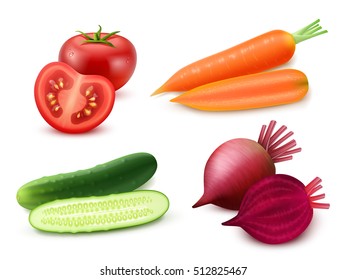 Realistic vegetables set with tomato carrot cucumber and beet on white background isolated vector illustration