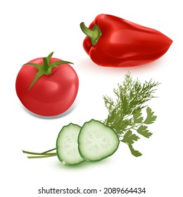 Realistic vegetables, sweet peppers, tomatoes and cucumbers on a white background, vector format