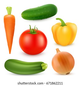 Realistic vegetables. Tomato, onion, pepper, carrot, zucchini and cucumber. Isolated 3d vector icon set