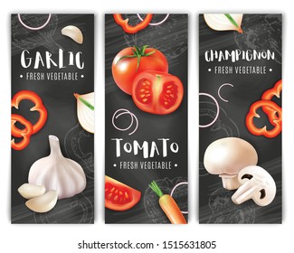 Realistic vegetables vertical banners set with chalkboard silhouettes and images of garlic mushrooms and tomato slices vector illustration