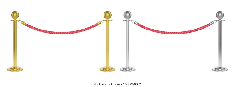 Realistic velvet rope barrier with golden and silver poles. Isolated vector illustration