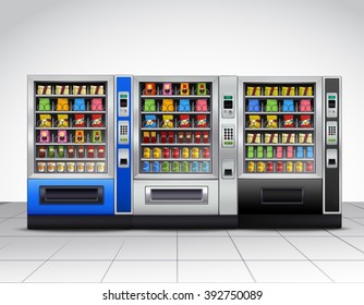 Realistic vending machines front view with food and drinks on tiled floor near grey wall vector illustration