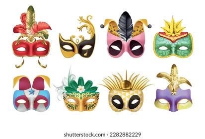 Realistic Venetian carnival masks. Venice masquerade. Italy art for theater with feathers and ornate decoration. Theatrical disguise. Vector exact 3D performance costume elements set