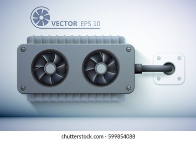 Realistic ventilation template with plug in coolers and wire on gray background vector illustration