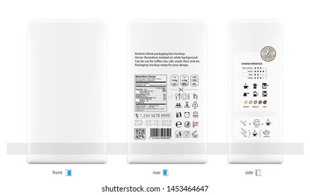 Realistic vertical bag mockup with coffee infographic icons. Set of sign for detailed guideline. Vector elements on a white background. Ready for your design. EPS10.