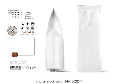 Realistic Vertical Bag Mockup With Coffee Infographic Icons. Set Of Sign For Detailed Guideline. Vector Elements On A White Background. Ready For Your Design. EPS10.	
