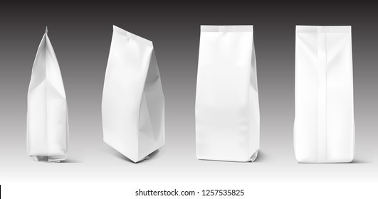 Realistic vertical bag mockup. Front, side, rear and perspective view. High realistic vector illustration on gradient background. Easy to use for presentation your product, idea, design. EPS10.