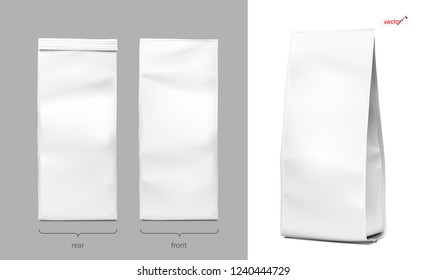 Realistic vertical bag mockups. Packaging from different angles. Front, rear and perspective view. Vector illustration isolated on white background. Ready for your design. EPS10.