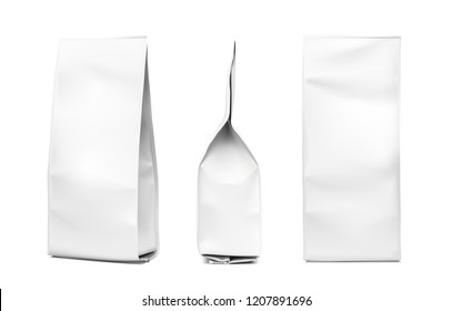 Realistic vertical bag. Packaging from different angles. Front, side and perspective view. Vector illustration isolated on white background. Ready for your design. EPS10.