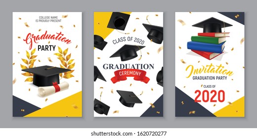 Realistic vertical banners set with graduation party and ceremony invitation isolated vector illustration