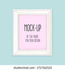Realistic vertical blank picture frame. Empty pink picture frame mockup template isolated on blue background. Vector illustration