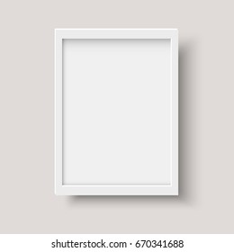 Realistic vertical blank picture frame. Empty white picture frame mockup template isolated on gray background. Vector illustration
