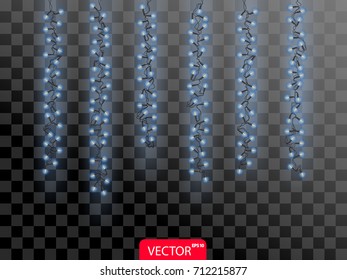Realistic vertical blue christmas light. 3D light bulb on transparent background. Vector illustration.