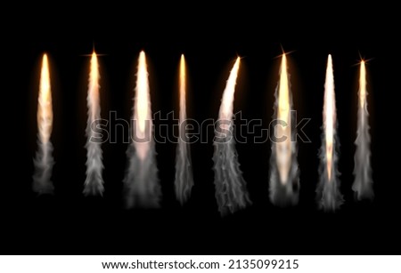 Realistic vertical fire and smoke rocket trails collection vector illustration. Set flight explosion effect comet flame with fog speed vehicle launching. Fast start airplane motion take off track path
