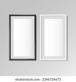 Realistic vertical frames White and Black color. For an image with an aspect ratio of 2 to 1 Posters on wall Mock-up. Frames Design Template for Mockup. Vector illustration