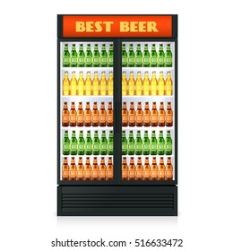 Realistic vertical freezer with transparent closed door and alcoholic drinks isolated vector illustration