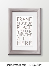 Realistic vertical gray wood frame template with text Place here your creative art, frame on the wall mockup with decorative borders, isolated on white wall frame vector illustration