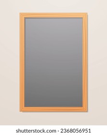Realistic vertical grey reminder board mockup with ocher wooden frame. Mockup vector illustration