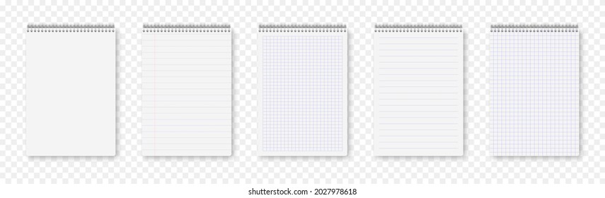 Realistic vertical notebook mockup, notepad with blank cover and spread for your design. Realistic copybook with shadows isolated on transparent background. Vector illustration	
