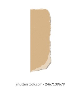 Realistic vertical piece of torn brown paper vector illustration. Ripped cardboard sheet fragment. Paper object with marble chips texture. Retro notice board design, empty parchment card isolated