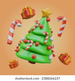 Realistic vertical poster with Christmas tree with candy cane toy and red and white balls. Collection of red presents near tree. Vector illustration in 3d style