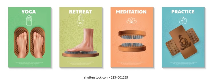 Realistic vertical poster set with wooden sadhu nail boards for yoga practice meditation retreat isolated vector illustration